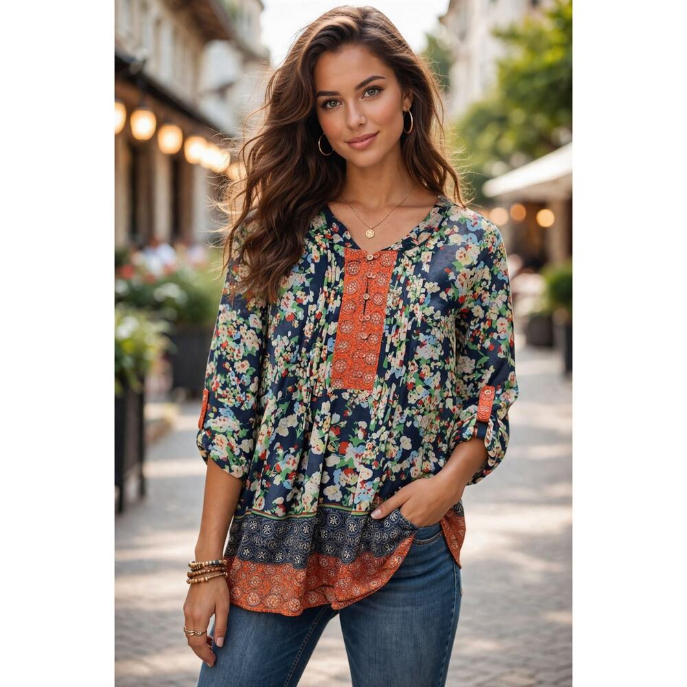 Daniel Rainn Chiffon Top Women's Size Small Floral Button up Sleeve 2 Piece Set